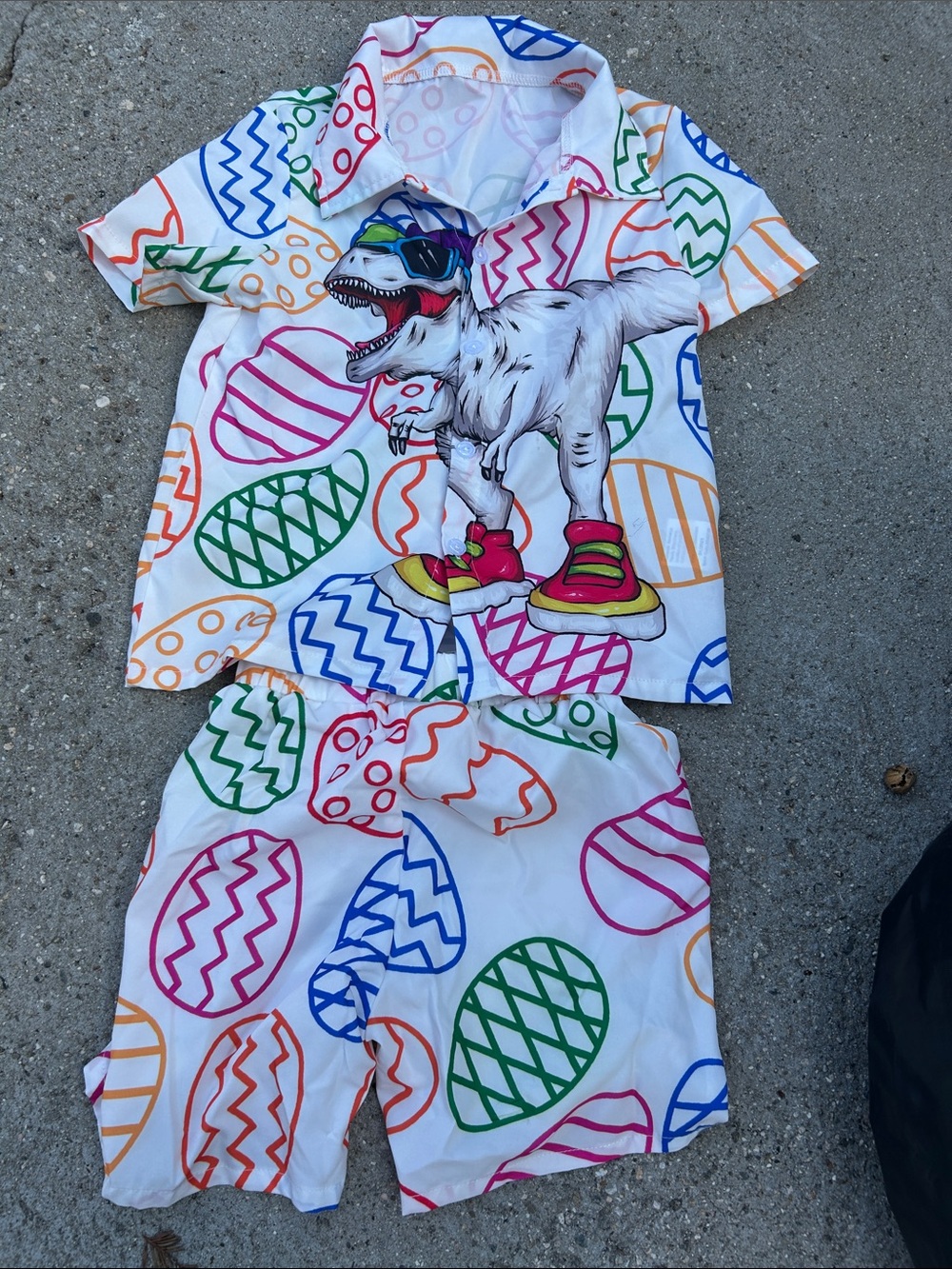 Boys White Multicolor Dino Easter Pajama Set with Playful Egg Print